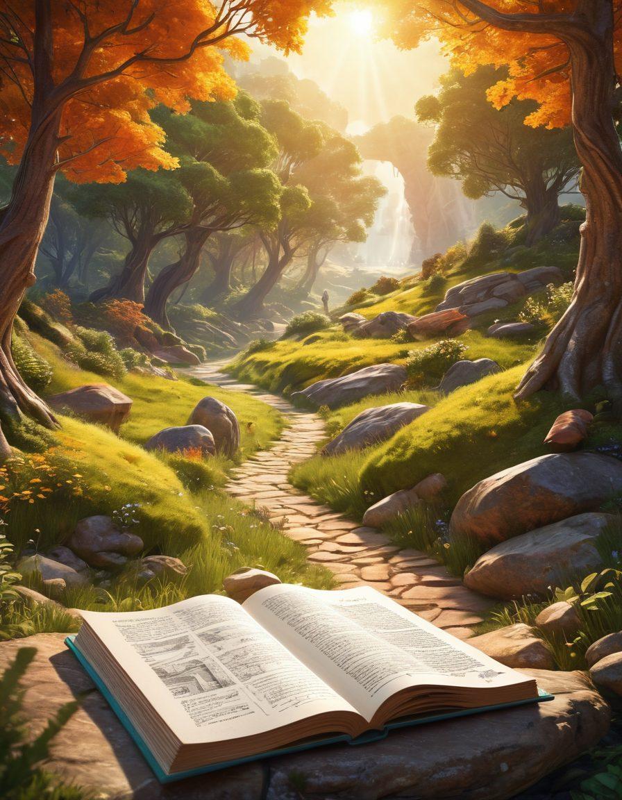 A captivating digital journal open to display vibrant sketches, maps, and handwritten notes, symbolizing inspiring adventures. In the background, a winding path leading through breathtaking landscapes, merging storytelling elements like characters and mythical creatures. Sunlight filters through the trees, creating a warm, inviting atmosphere. Illustrative style with a mix of fantasy and realism. vibrant colors. 3D.