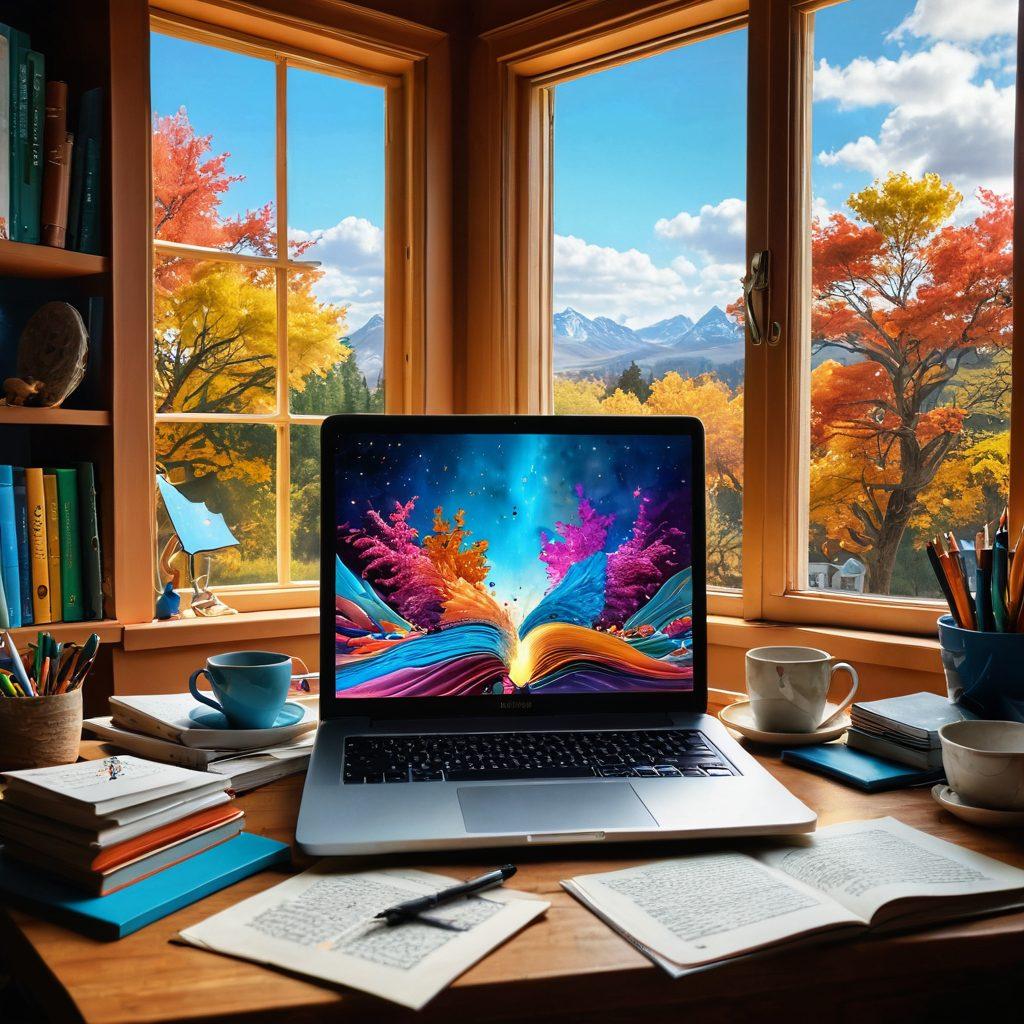 A whimsical scene depicting an open laptop on a vibrant desk, overflowing with colorful books and art supplies, with imaginative elements like flying pages and digital illustrations floating around. Include a cozy, inviting room with a window showing a fantastical landscape outside, representing creativity and exploration. super-realistic. vibrant colors. cozy atmosphere.