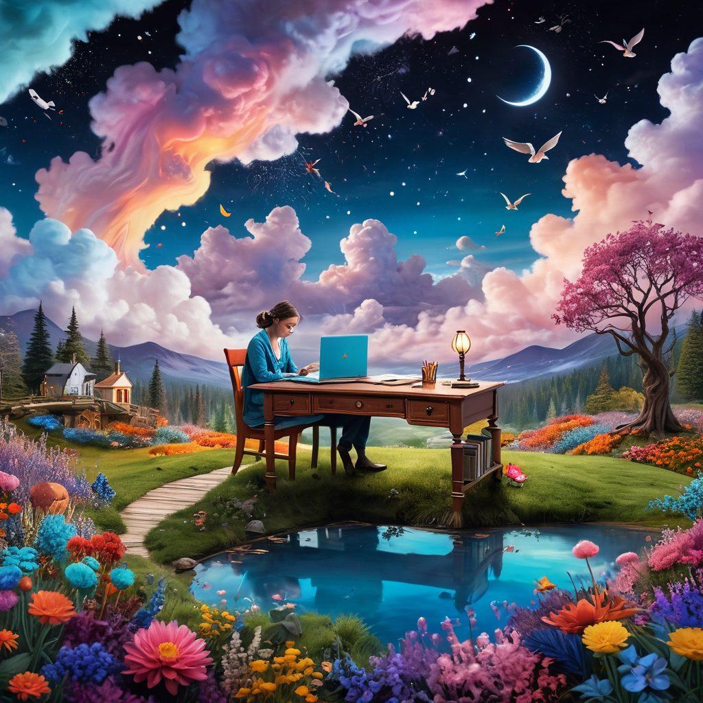 A whimsical landscape filled with colorful, fantastical creatures and storytelling elements like floating books and ink quills. Include a cozy, inviting desk where a writer sits, surrounded by swirling clouds of imagination and vibrant colors representing creativity. The sky should be a blend of dreamy pastels, while the ground is adorned with blooming flowers and fairy lights. The scene exudes magic and inspiration, inviting readers to explore their own storytelling journeys. vibrant colors. surreal. 3D.
